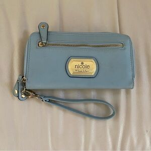 Nicole Miller Wristlet Wallet Light Blue with Gold Details